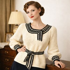 1970s Vintage Crochet Subtle Bishop Sleeve Black Cream Sweater Waistband #36